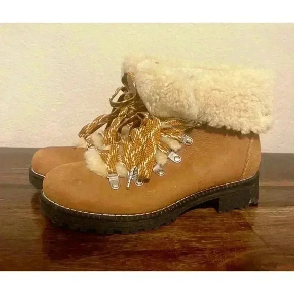 J Crew Women's Faux-Fur Winter Hiking Boot Size 7 Brown Lace Up Lug Sole Heel - Picture 1 of 9